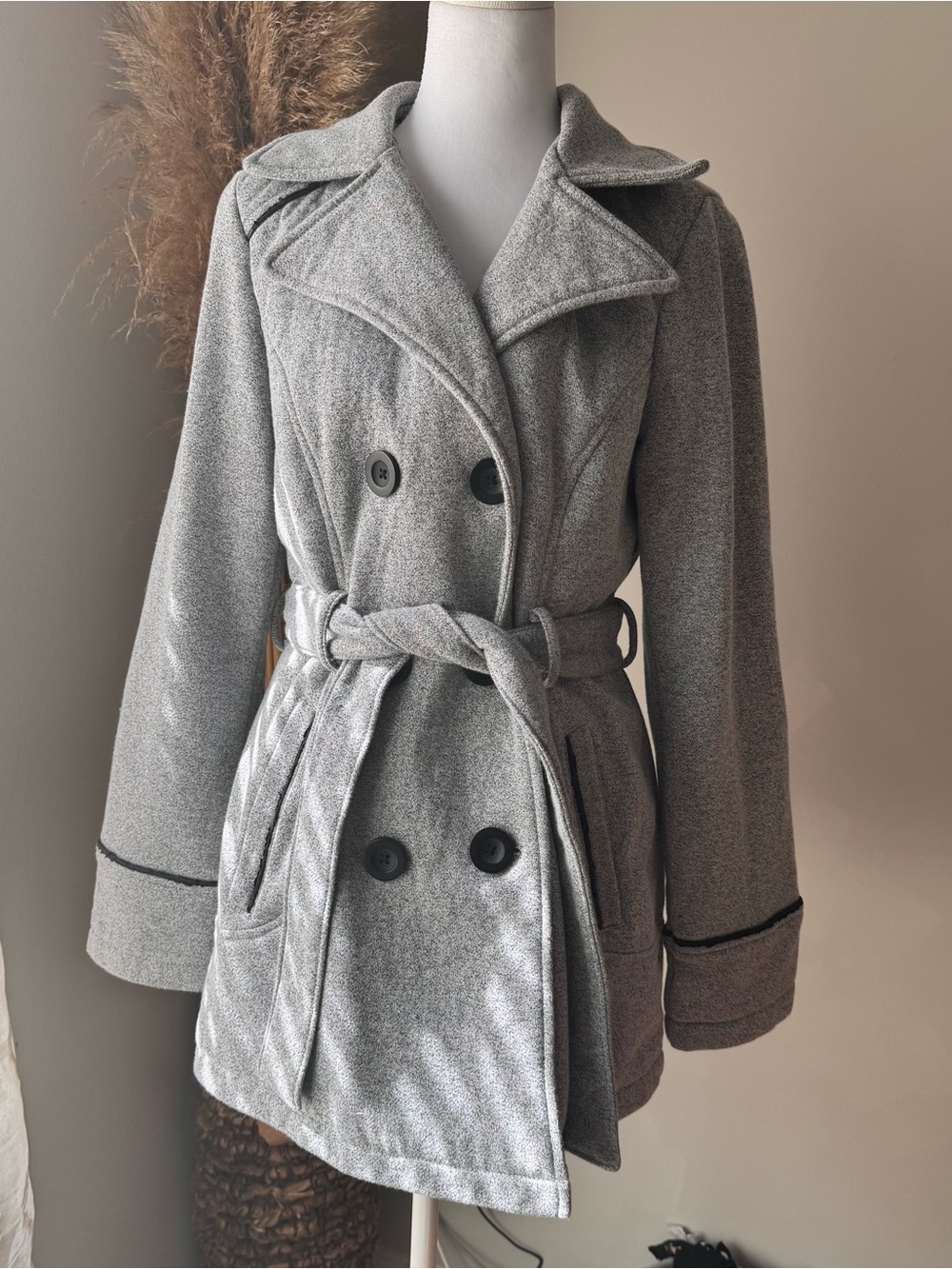 Jones New York Light Gray Double-Breasted Belted Peacoat